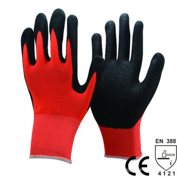 NMSAFETY 13 jauge polyester rouge revêtement nitrile de sable noir bon girp gant de sécurité de travail